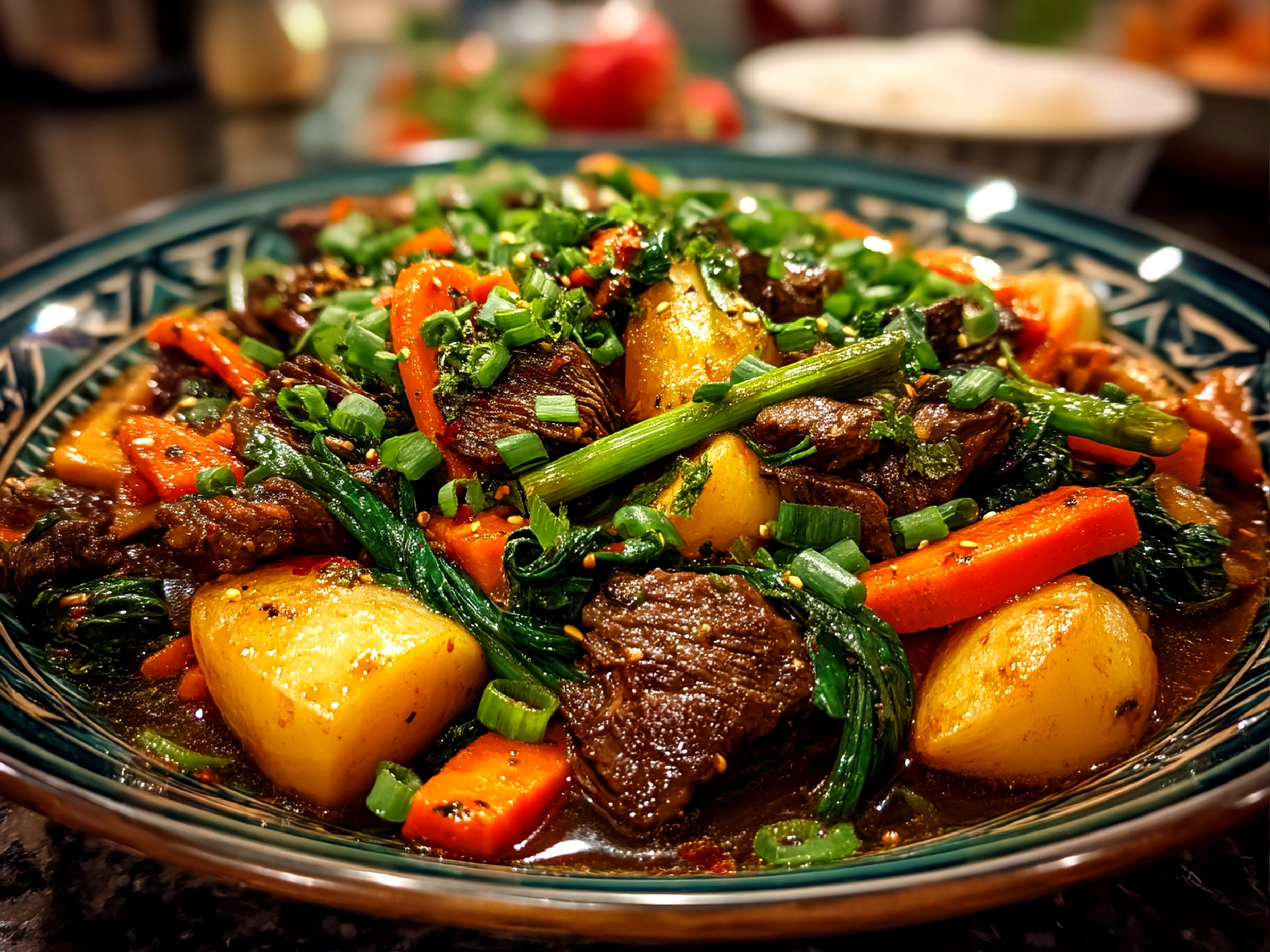Finished rich inviting Korean Pot Roast close up with fresh garnish