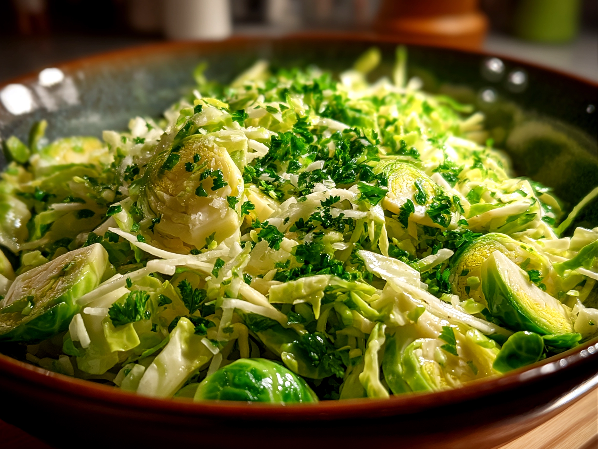 Close-up of freshly made Shaved Brussels Sprouts Slaw in a bowl, ready to serve