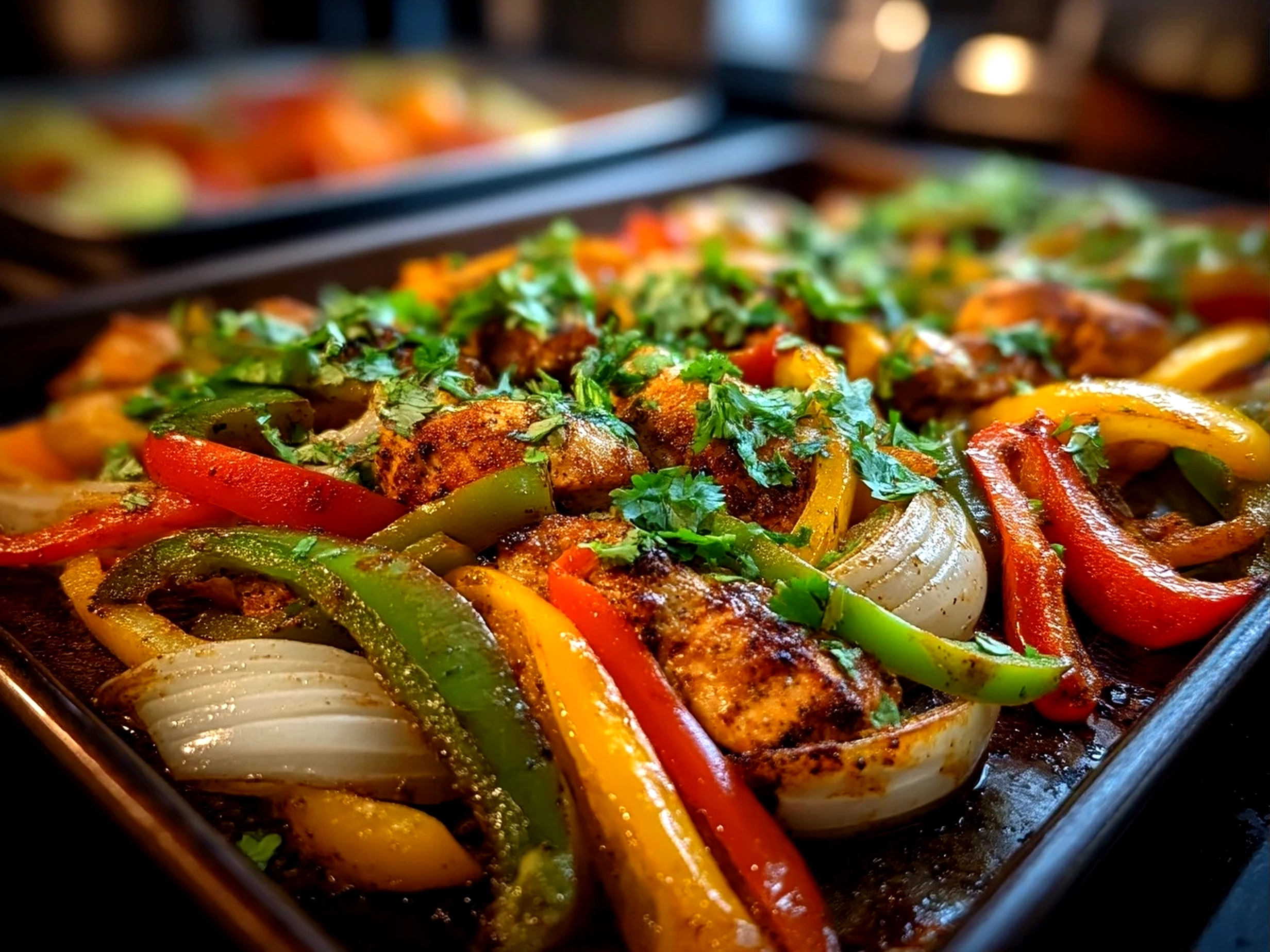 Close up of finished comforting sheet pan chicken fajitas served with tortillas and garnishes