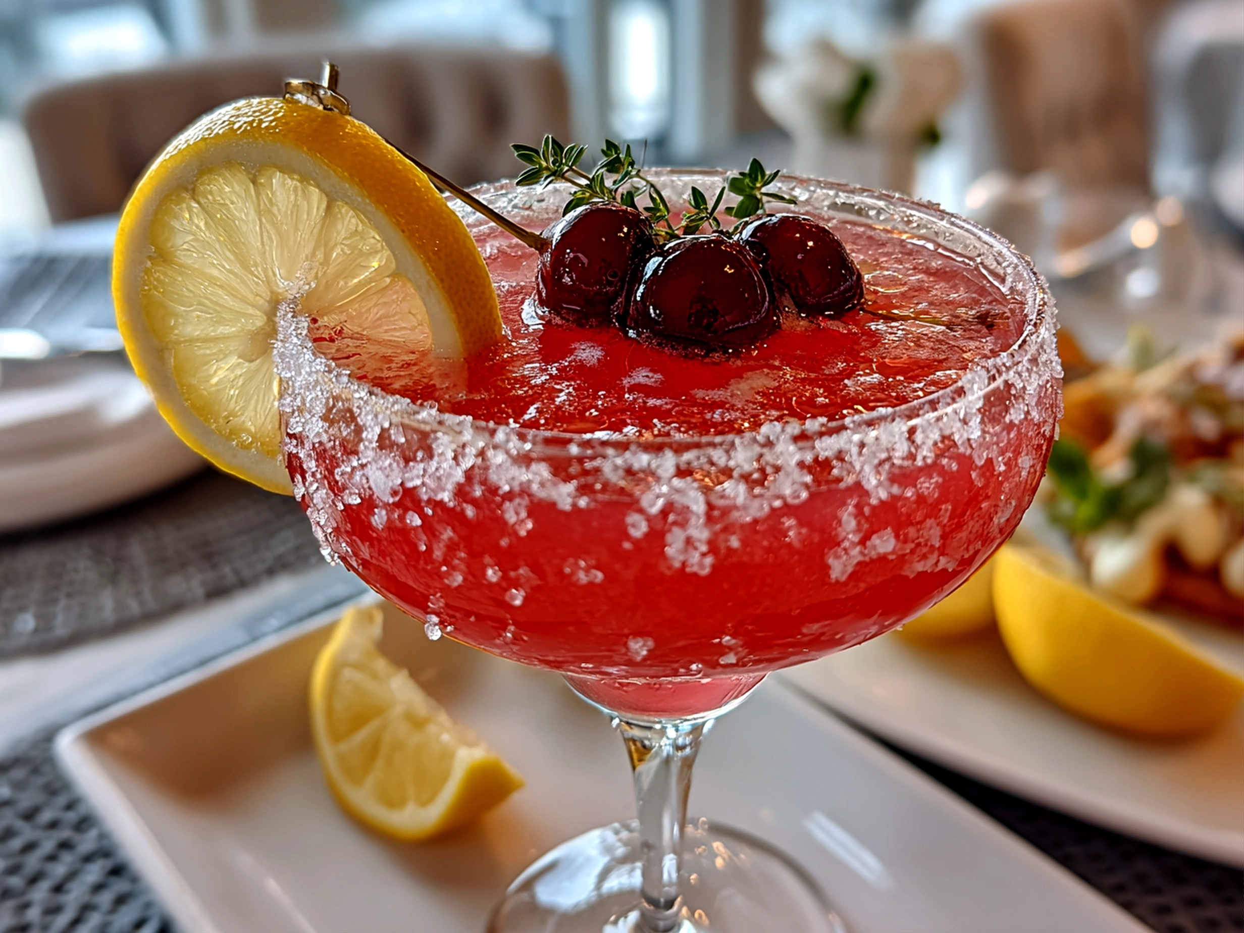 Freshly prepared Cranberry Lemon Drop Cocktail on clean counter