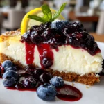 Freshly prepared Lemon Blueberry Cheesecake on white plate