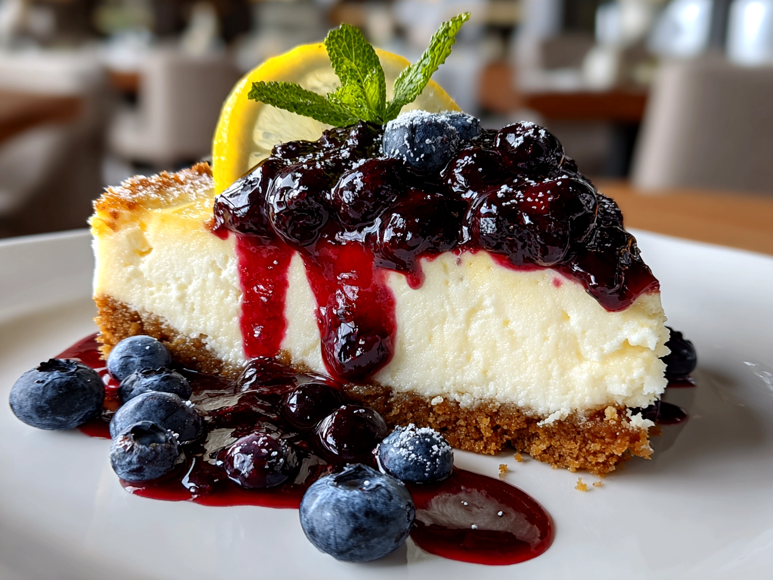 Freshly prepared Lemon Blueberry Cheesecake on white plate