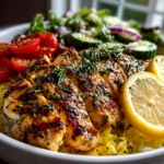 Freshly prepared Lemon-Herb Chicken Nourish Bowl close-up