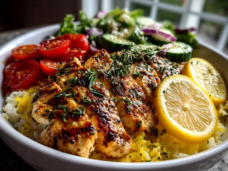 Freshly prepared Lemon-Herb Chicken Nourish Bowl close-up