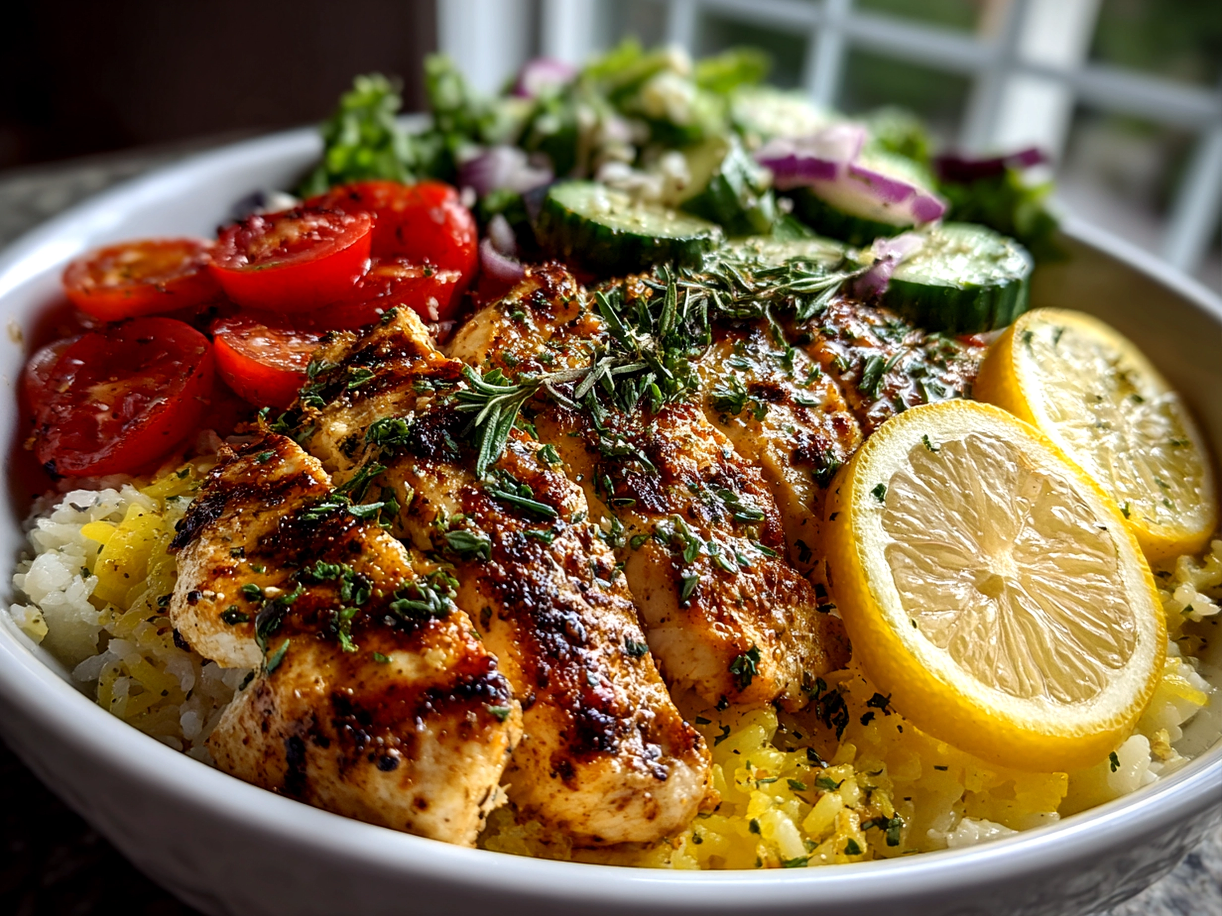 Freshly prepared Lemon-Herb Chicken Nourish Bowl close-up