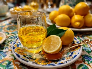 Freshly prepared Limoncello in traditional glass bottle