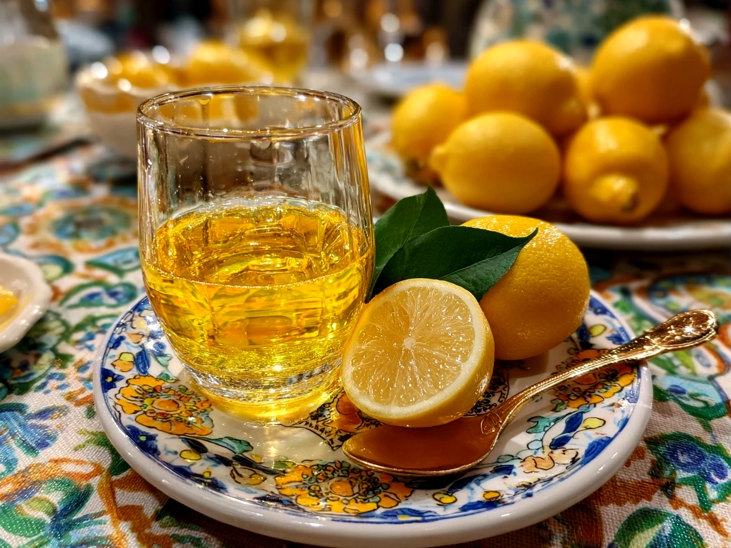 Freshly prepared Limoncello in traditional glass bottle