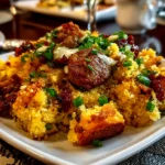 Freshly prepared Sausage Southern Cornbread Stuffing on white plate