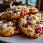 Freshly prepared Strawberry Crunch Cookies on white plate
