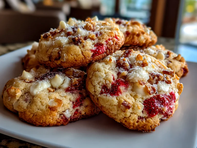 Freshly prepared Strawberry Crunch Cookies on white plate