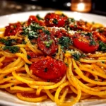 Freshly prepared Tomato Garlic Pasta close-up