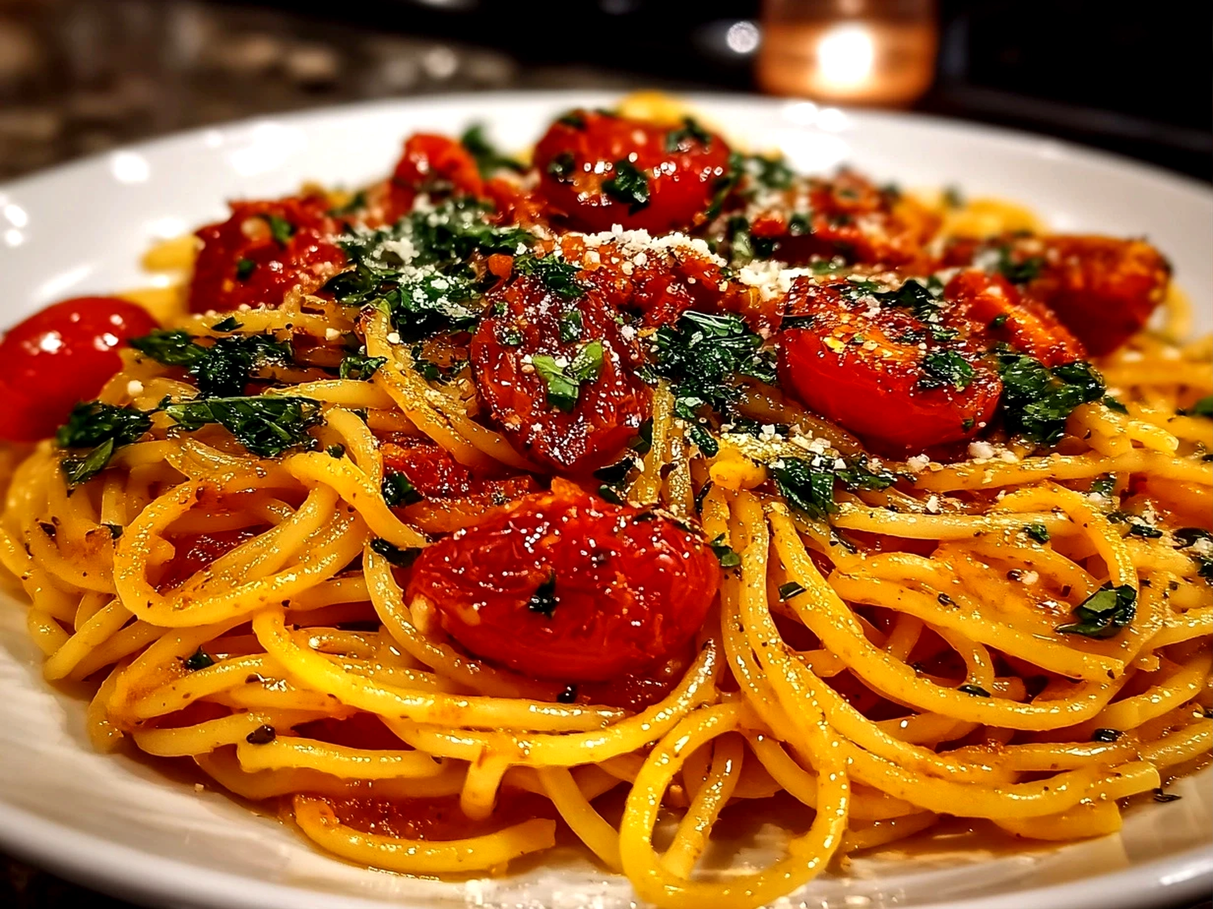 Freshly prepared Tomato Garlic Pasta close-up