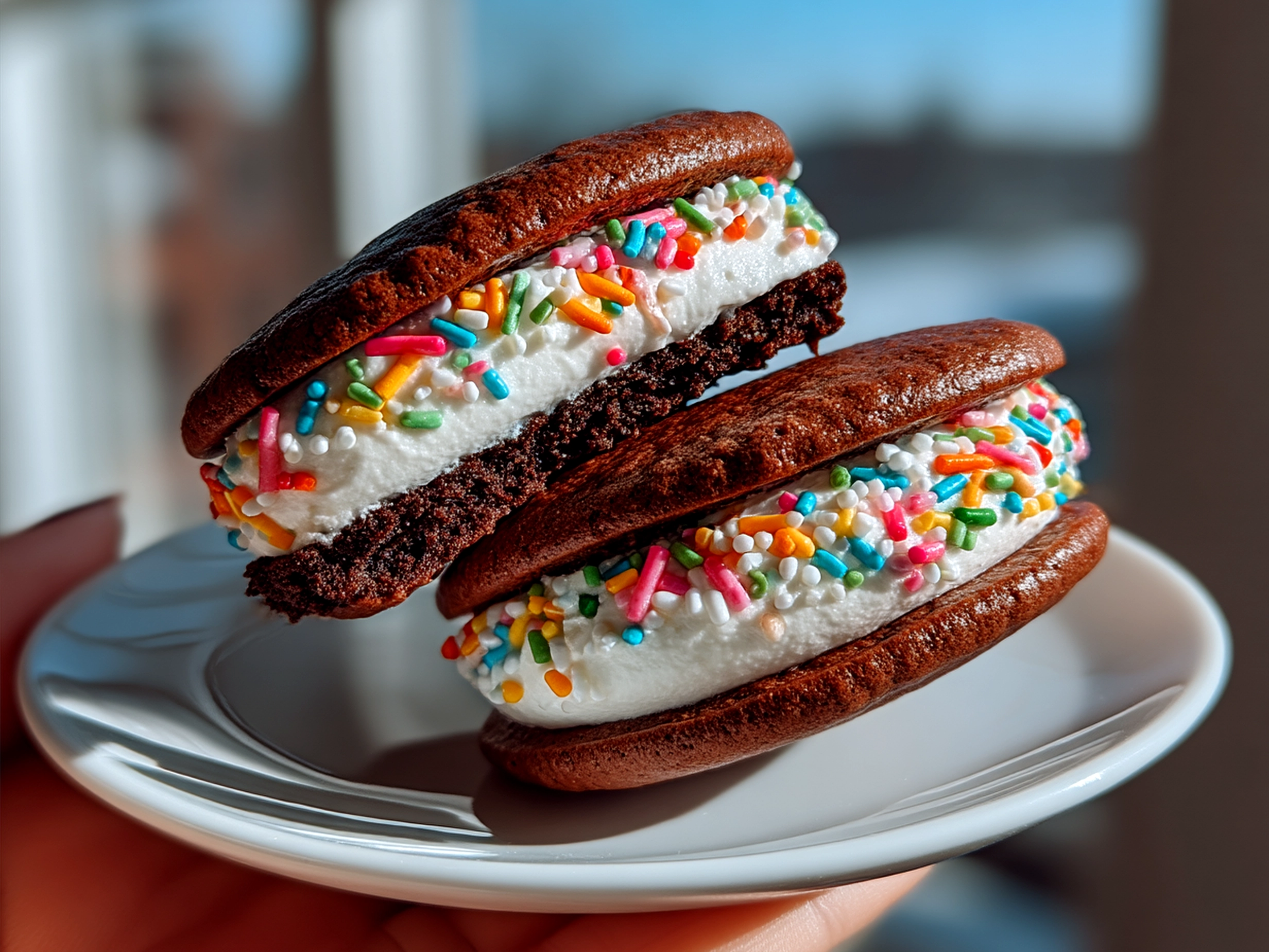 Plate of colorful Funfetti Whoopie Pies with vanilla cream filling, ready to serve