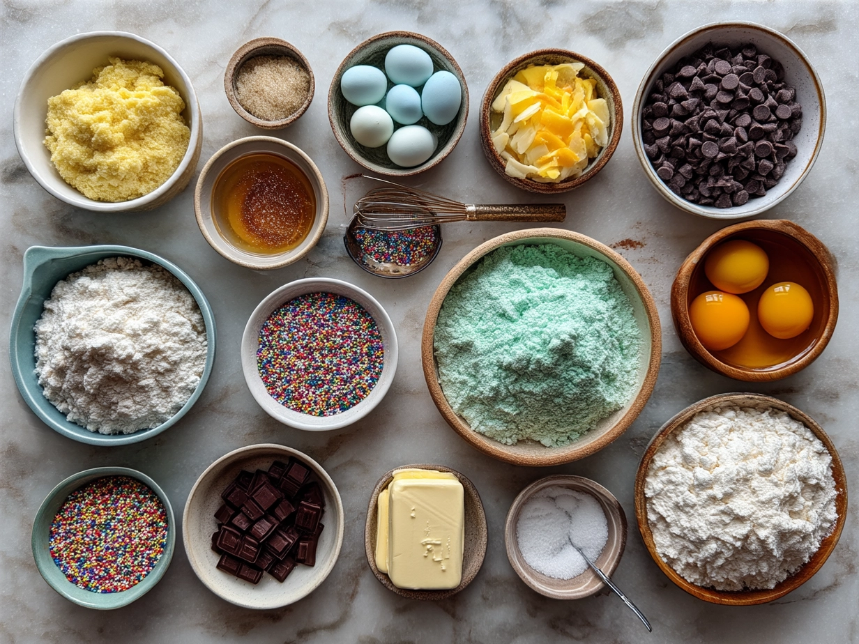 Ingredients for Funfetti Whoopie Pie recipe including flour, sugar, sprinkles, and vanilla cream filling