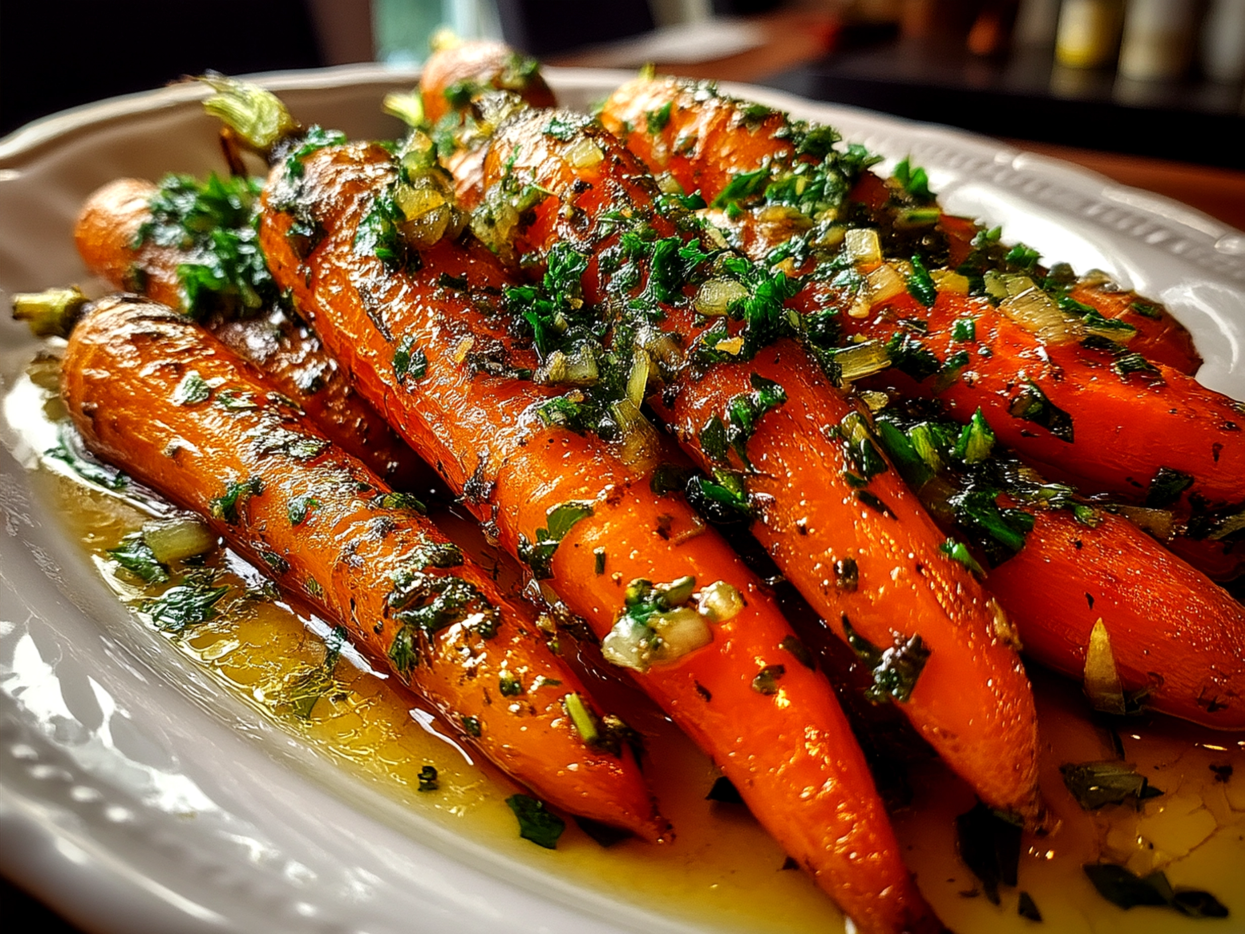 A serving dish of Garlic-Infused Smashed Carrots with Maple Glaze garnished with fresh herbs and a sprinkle of Parmesan cheese.