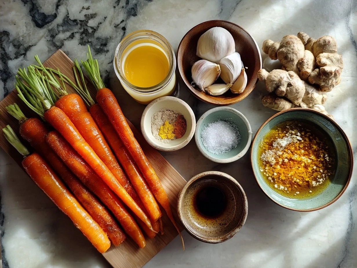 Ingredients for Garlic-Infused Smashed Carrots with Maple Glaze arranged on a kitchen counter including fresh carrots, garlic cloves, maple syrup, olive oil, and fresh herbs.