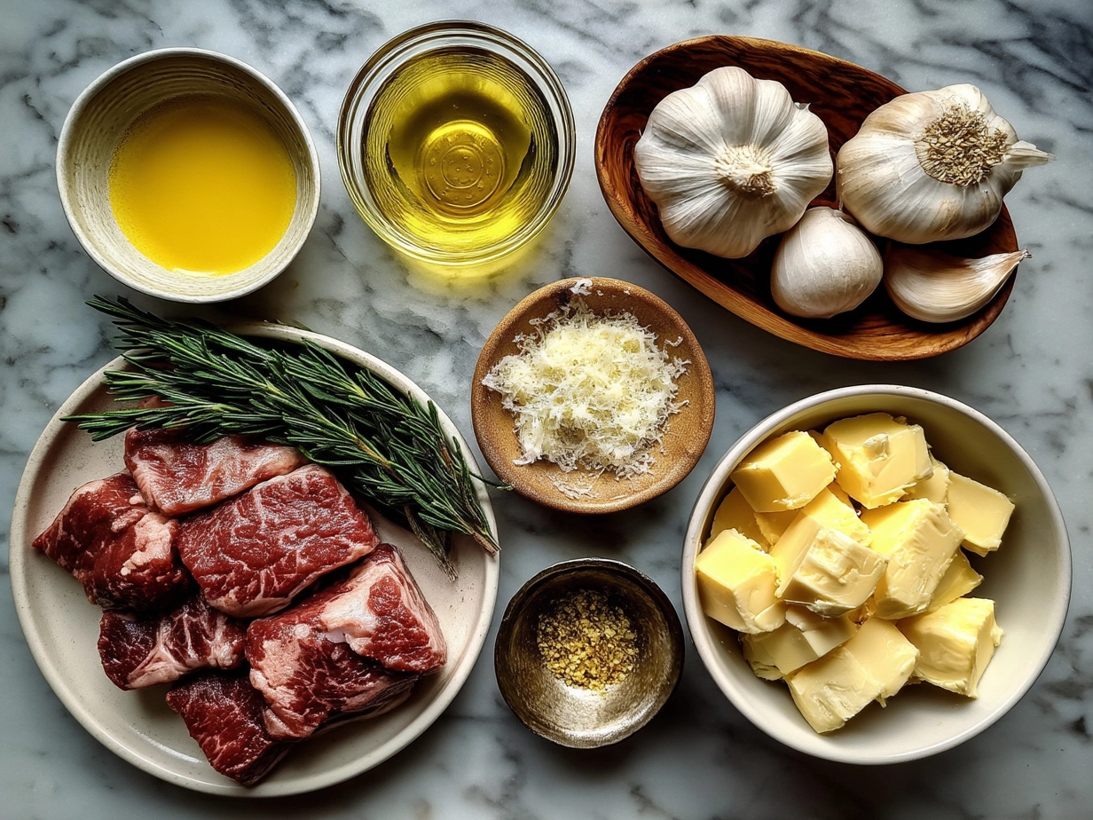 Ingredients for making Garlic Butter Steak Bites including sirloin steak, butter, garlic, olive oil, salt, pepper, and parsley