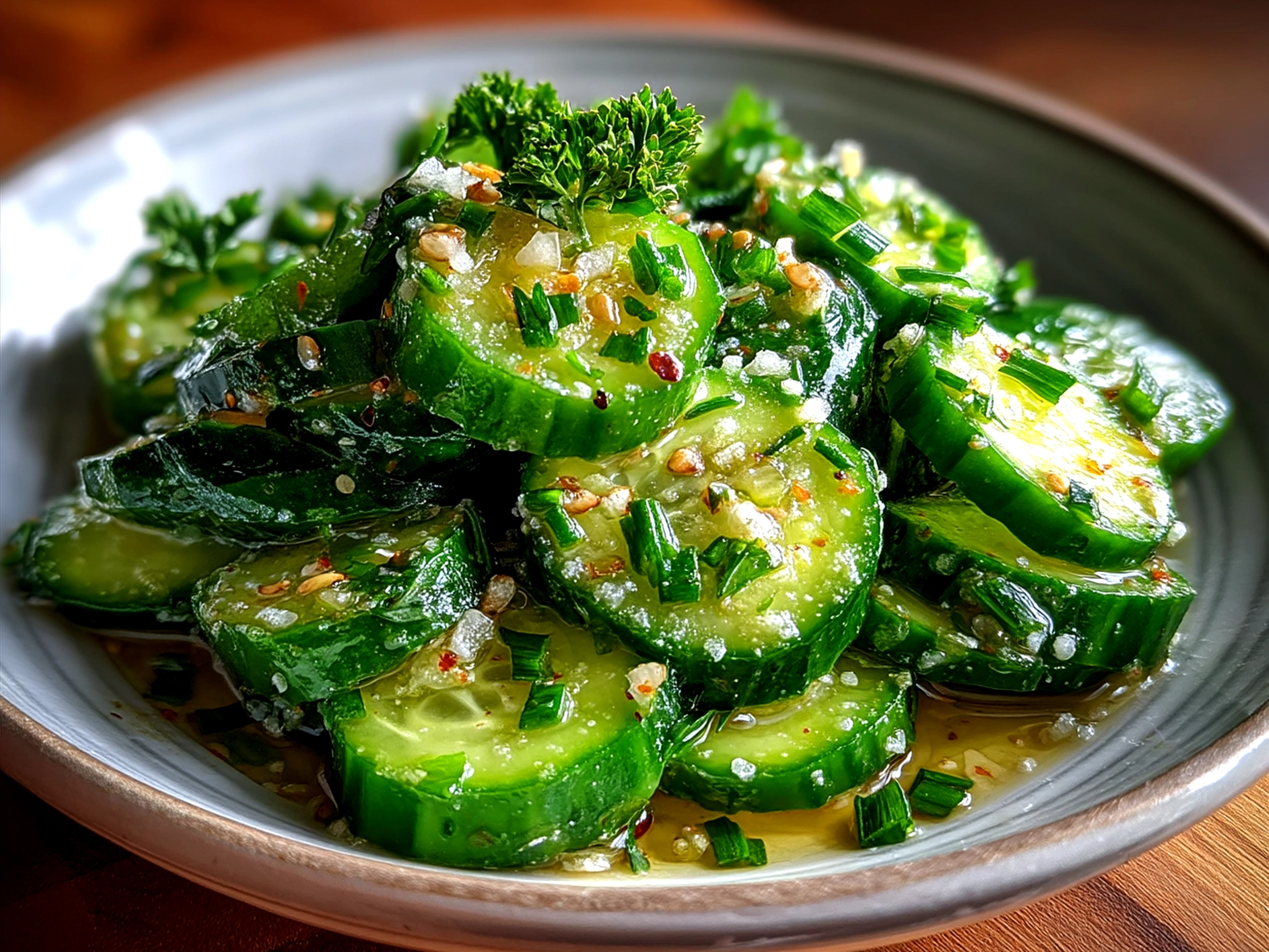 Freshly served Garlic Cucumber Salad garnished with sesame seeds and cilantro