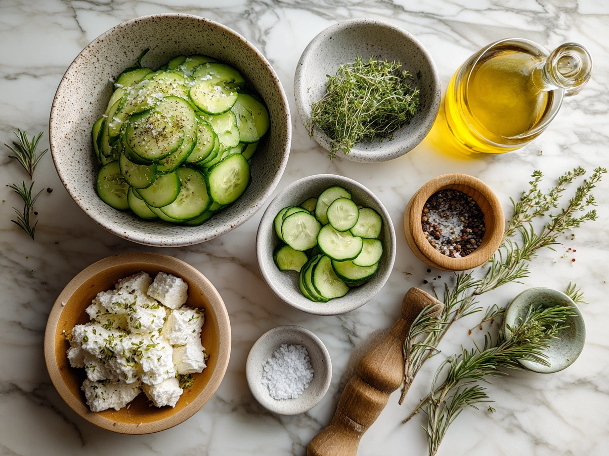 Ingredients for Garlic Cucumber Salad displayed on a kitchen counter