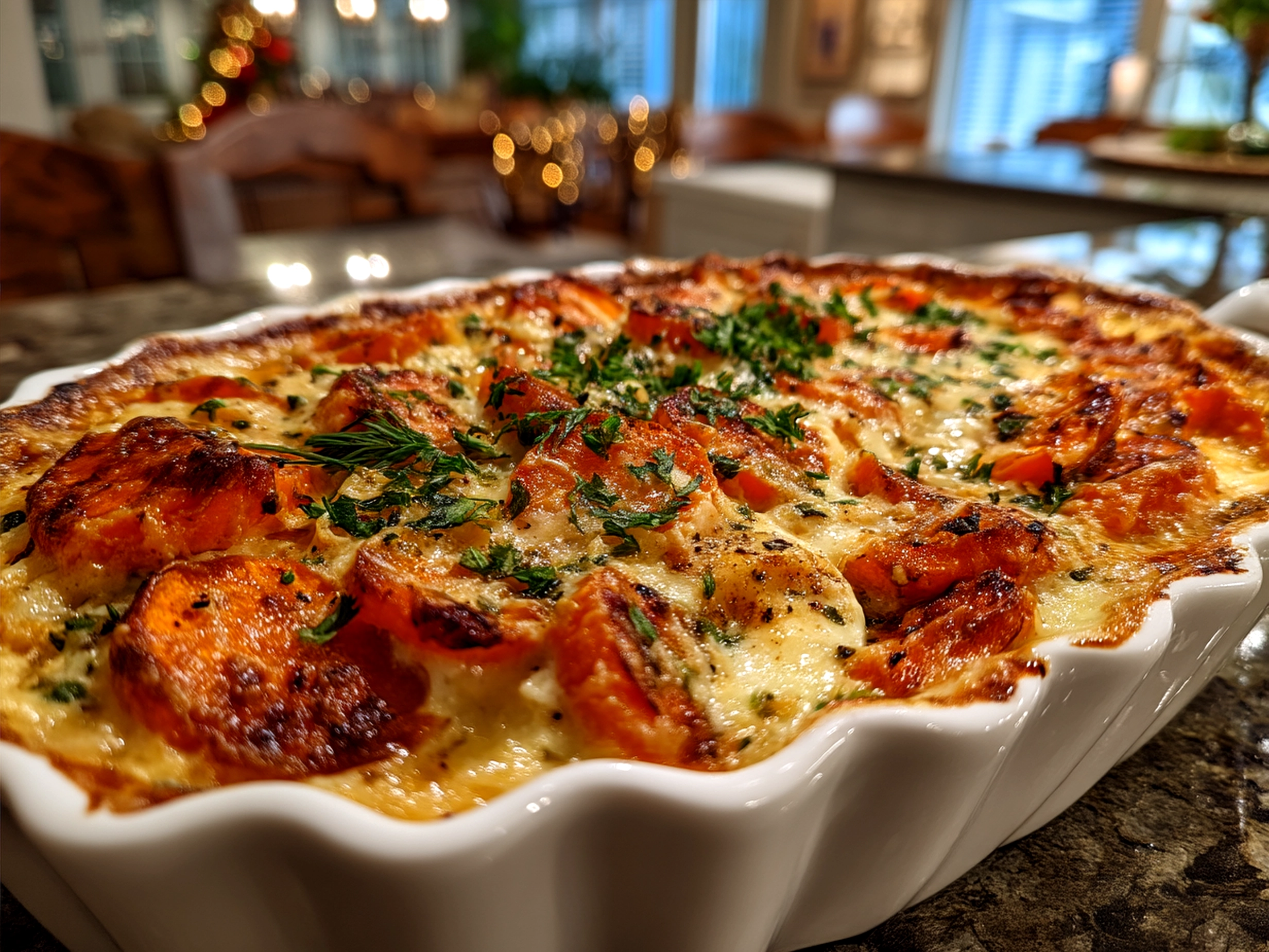 Serving plate of Garlic Scalloped Sweet Potatoes beside roasted chicken and green vegetables