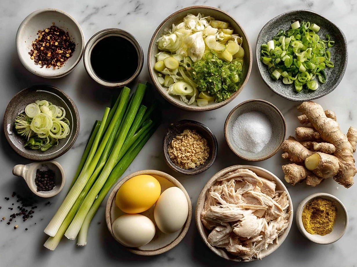 Fresh ingredients for Ginger Scallion Chicken Noodle Soup including scallions, ginger, chicken breasts, and noodles