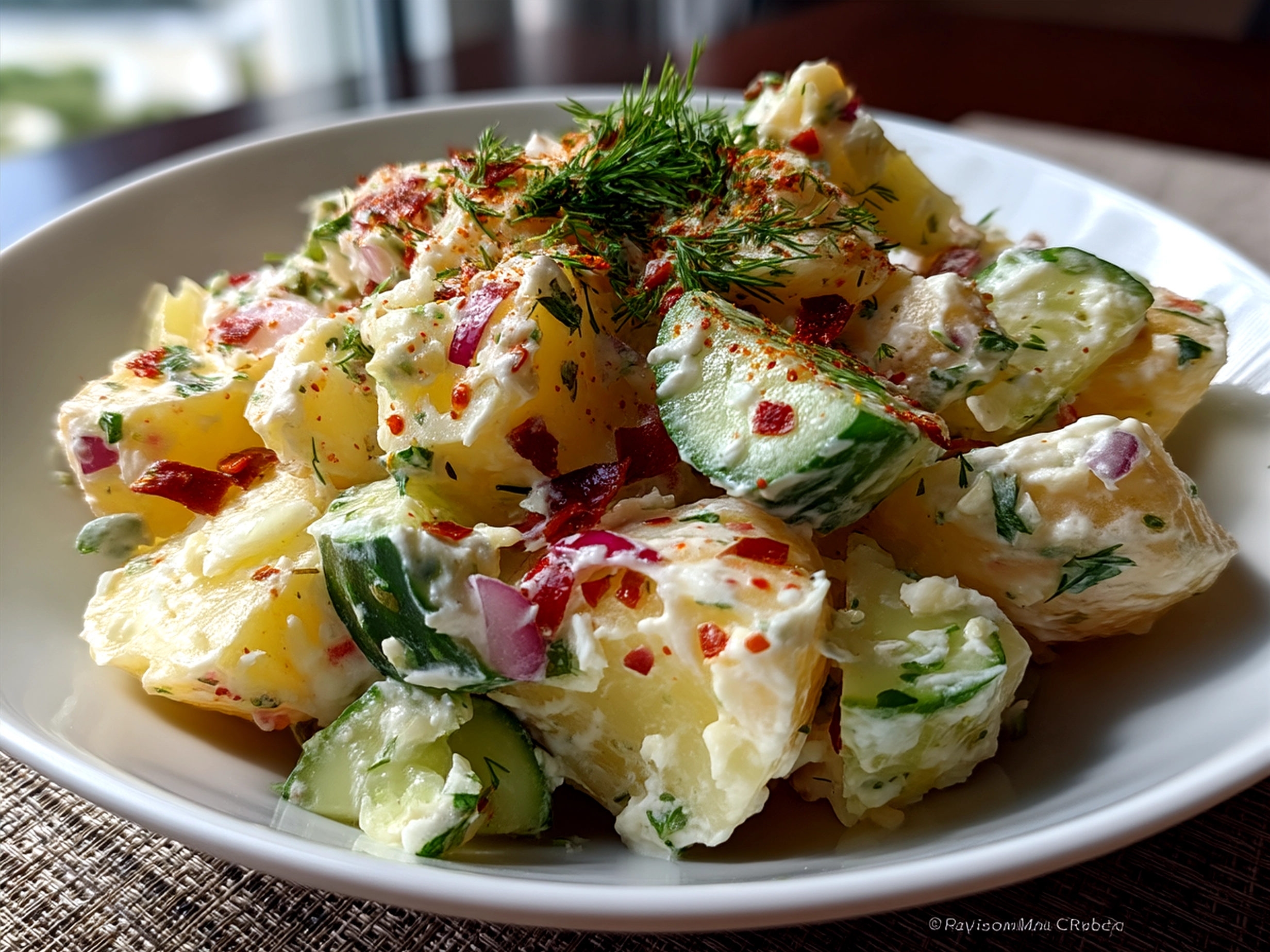 Serving Greek Yogurt Potato Salad with Cucumbers with fresh dill garnish and colorful presentation