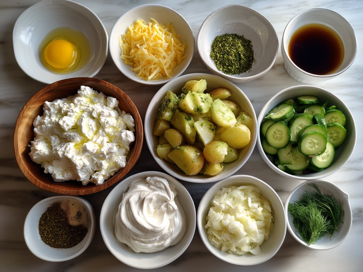 Ingredients for Greek Yogurt Potato Salad with Cucumbers including potatoes, cucumbers, Greek yogurt, dill, and scallions