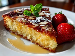 Homemade flourless yogurt cake plated on white dish