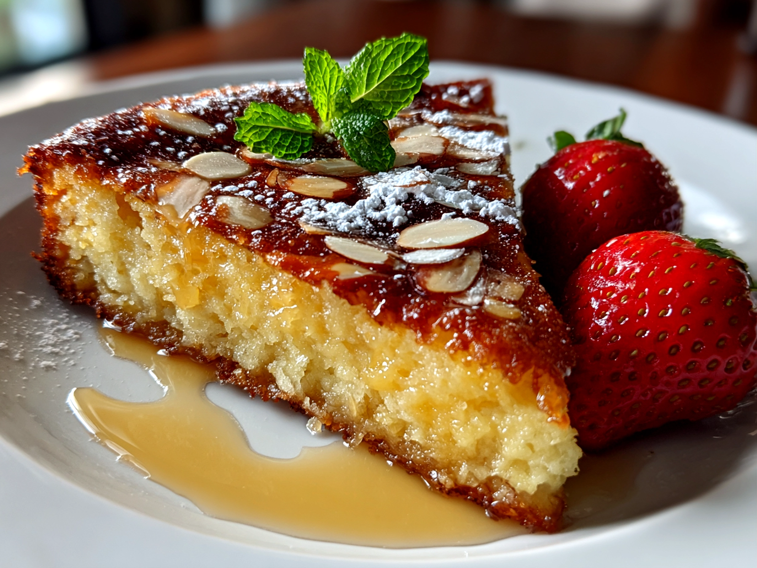Homemade flourless yogurt cake plated on white dish