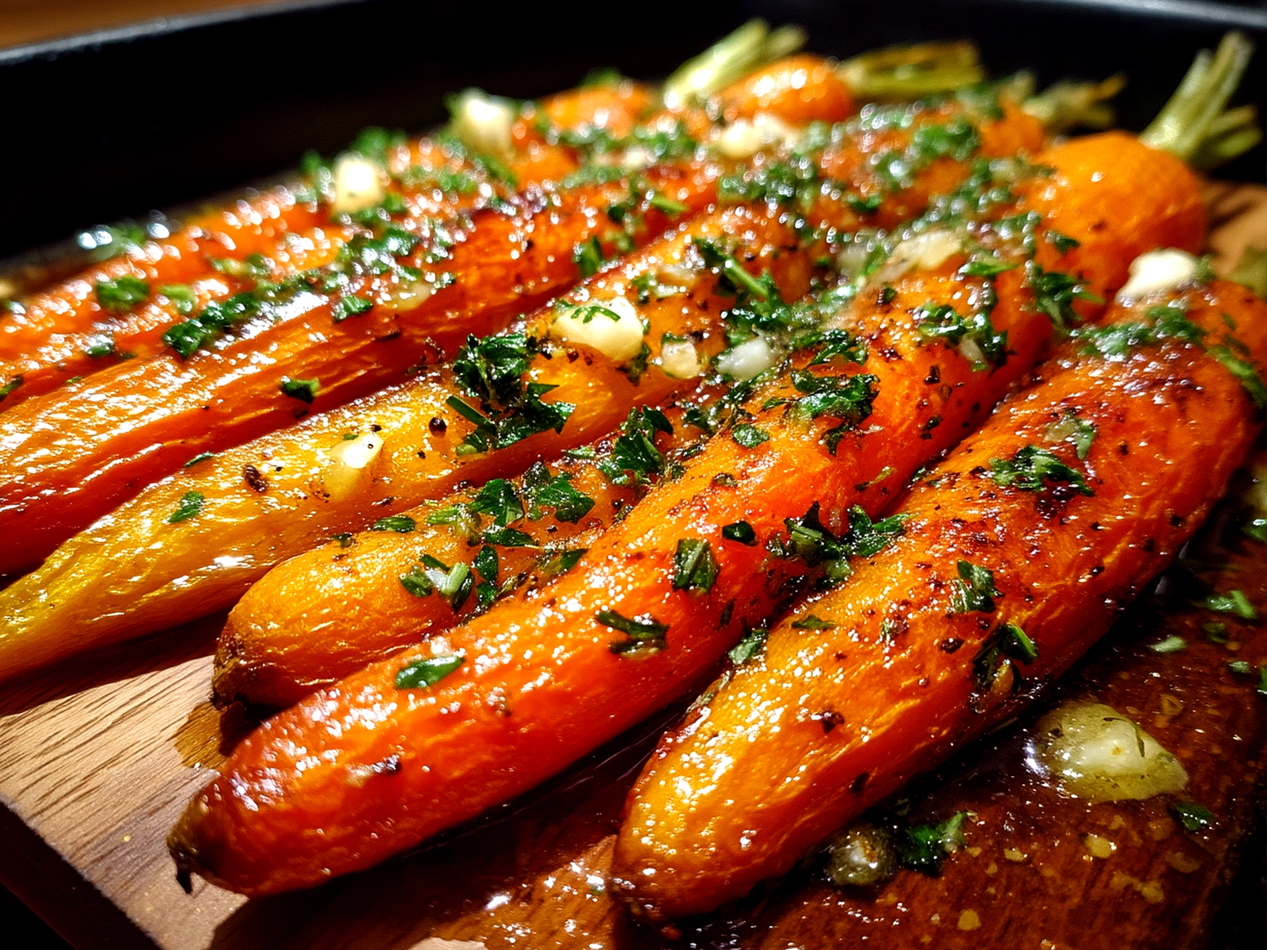 Honey Garlic Butter Roasted Carrots served fresh with parsley garnish