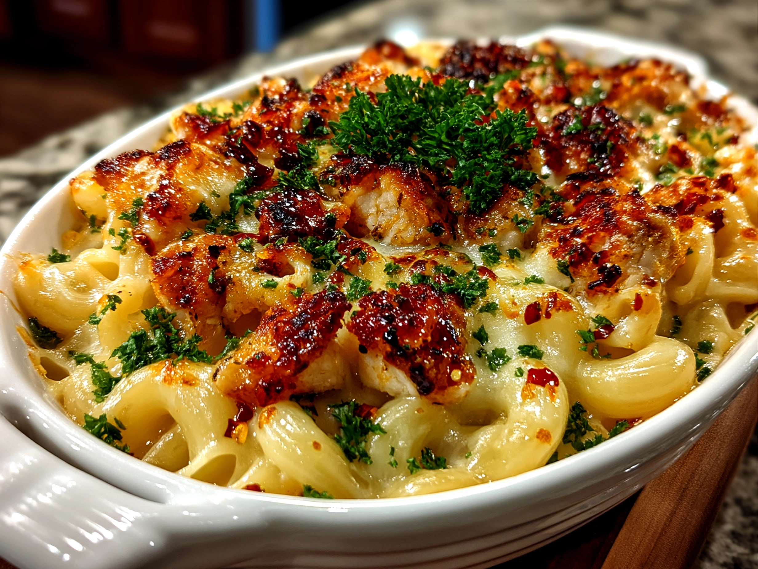 Serving Honey Pepper Chicken Mac Cheese in a bowl with garnish