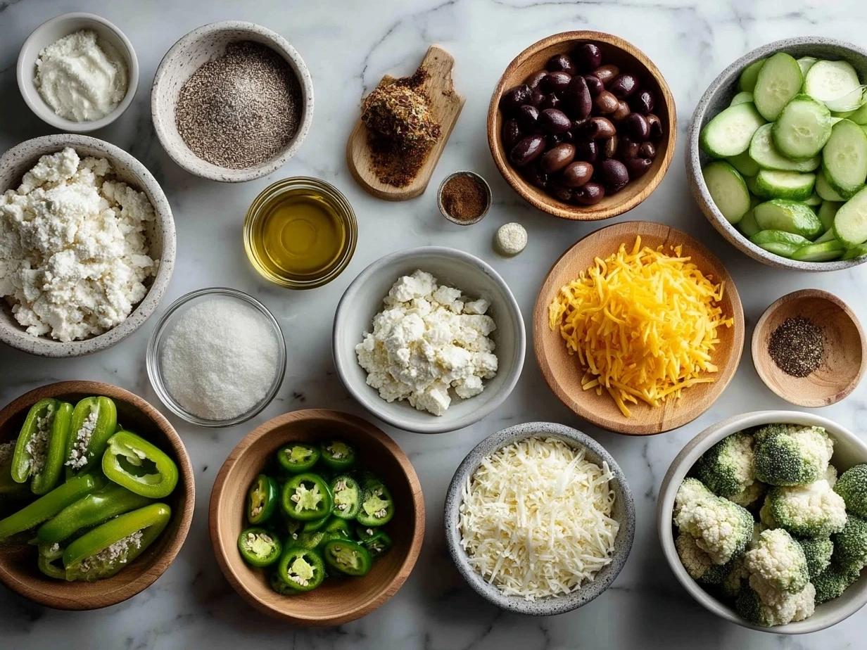 Jalapeno Poppers Nourish Bowl fresh ingredients including jalapenos, black beans, quinoa, cherry tomatoes, corn, shredded cheddar cheese, Greek yogurt, and fresh herbs