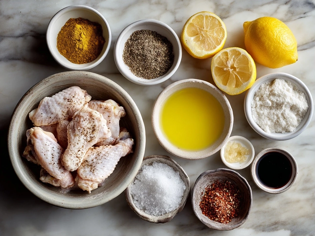 Ingredients for Lemon Pepper Wings including chicken wings, lemon pepper seasoning, olive oil, and spices