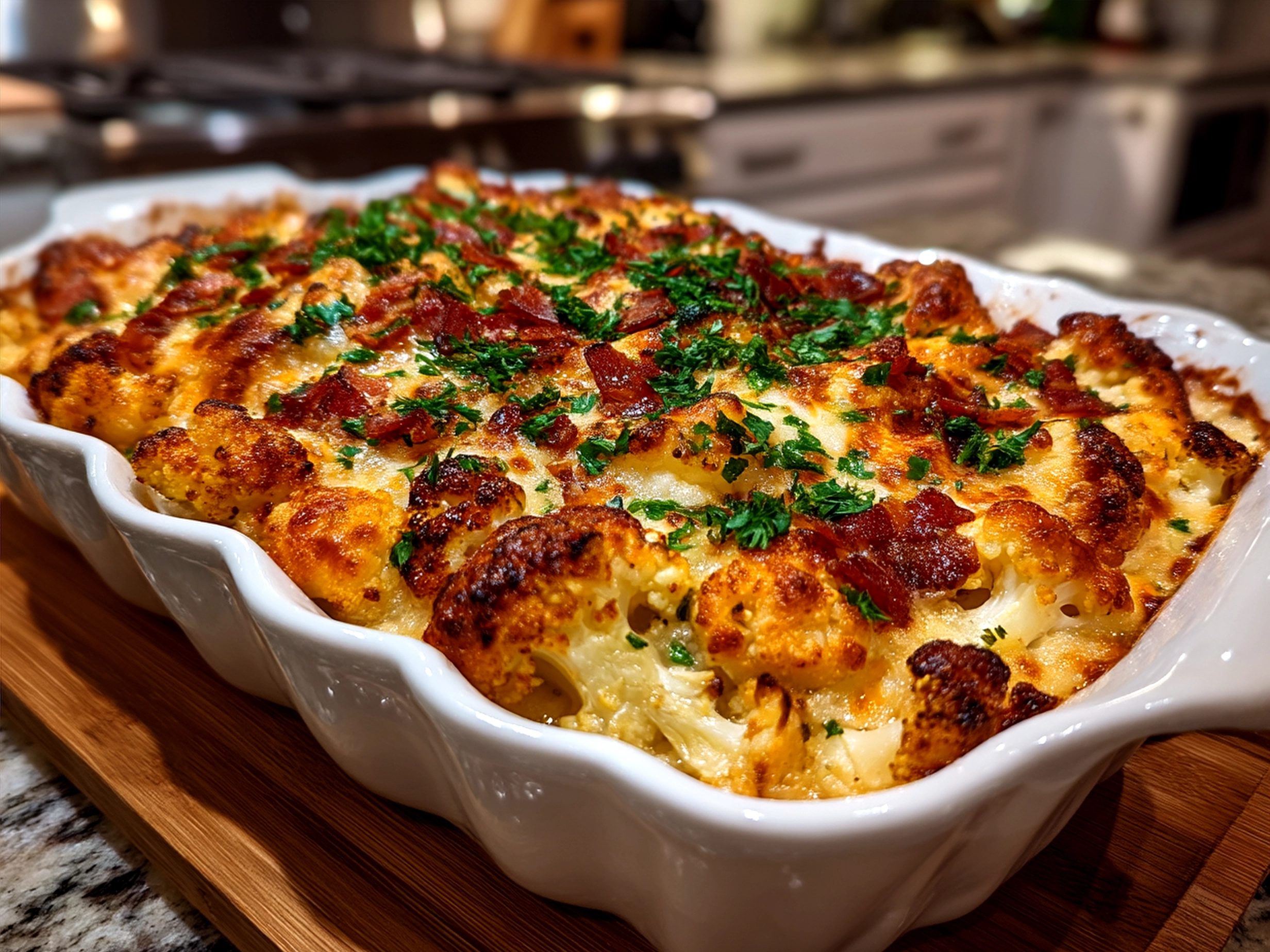 Served Loaded Cauliflower Casserole with melted cheese and bacon bits on top