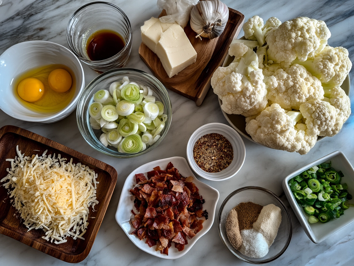 Ingredients for Loaded Cauliflower Casserole laid out on a kitchen counter
