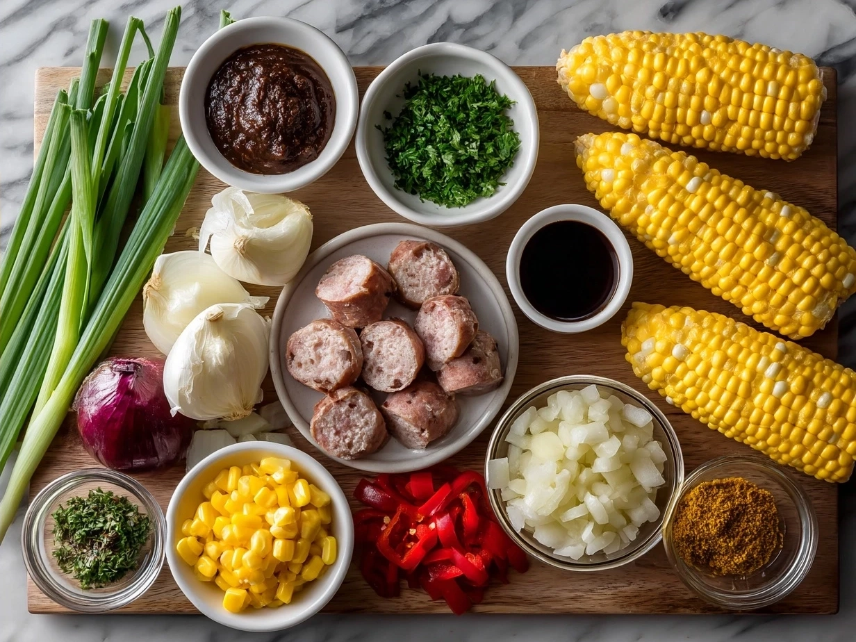 Ingredients for Maque Choux With Sausage Corn laid out including fresh corn, smoked sausage, onion, and bell pepper