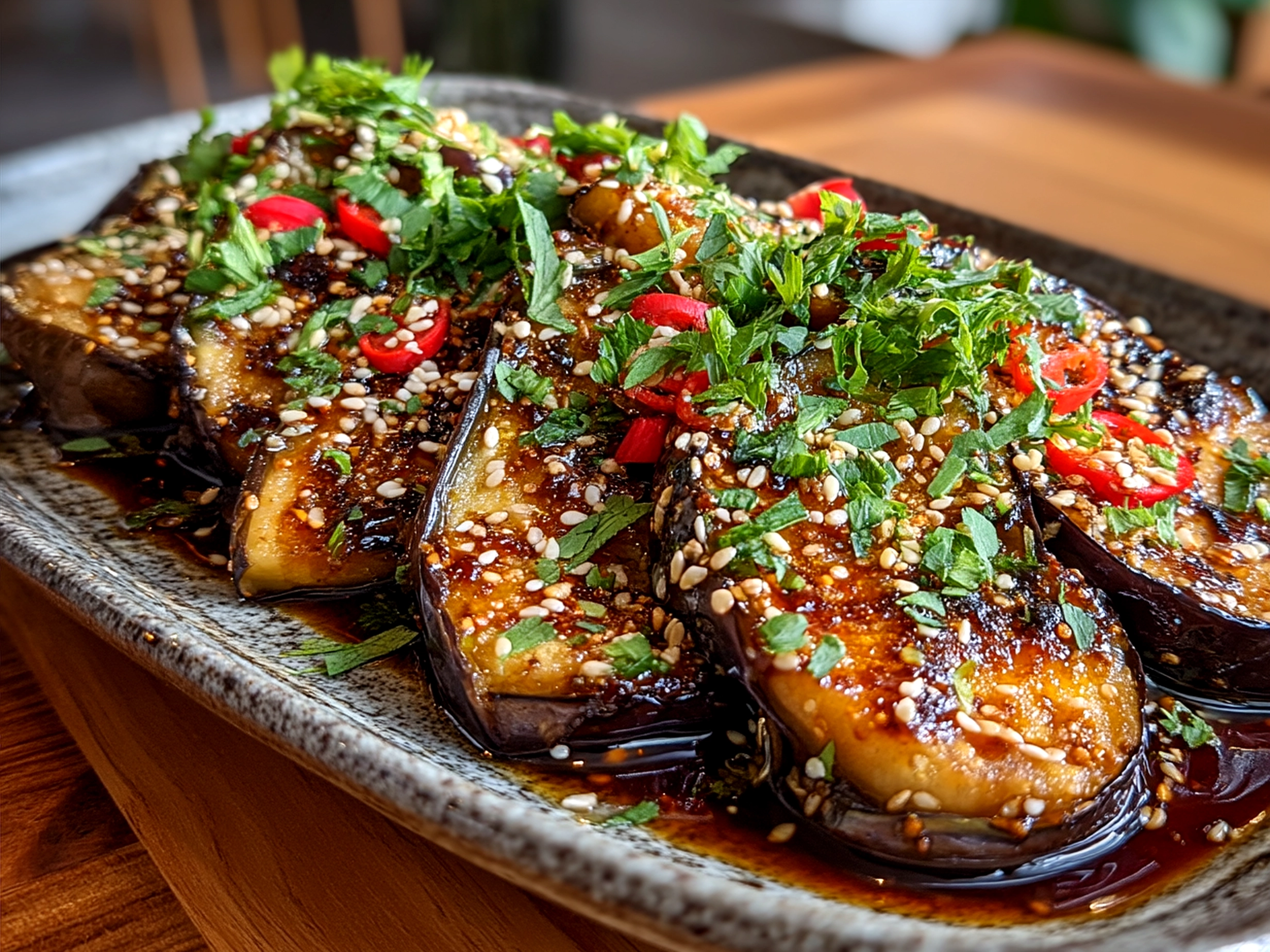 Miso Glazed Eggplant plated with sesame seeds and scallions served with rice