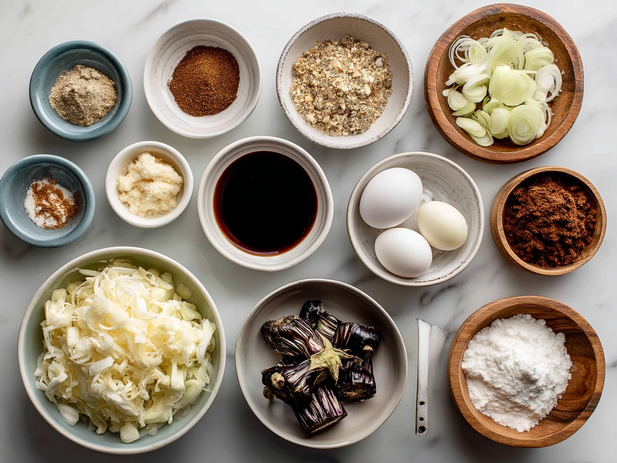 Ingredients for Miso Glazed Eggplant including Japanese eggplants, miso paste, mirin, sake, sugar, soy sauce, sesame oil, and seasonings