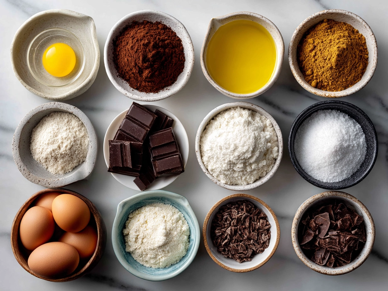 Ingredients for no-bake brownies including oats, peanut butter, honey, cocoa powder, and vanilla