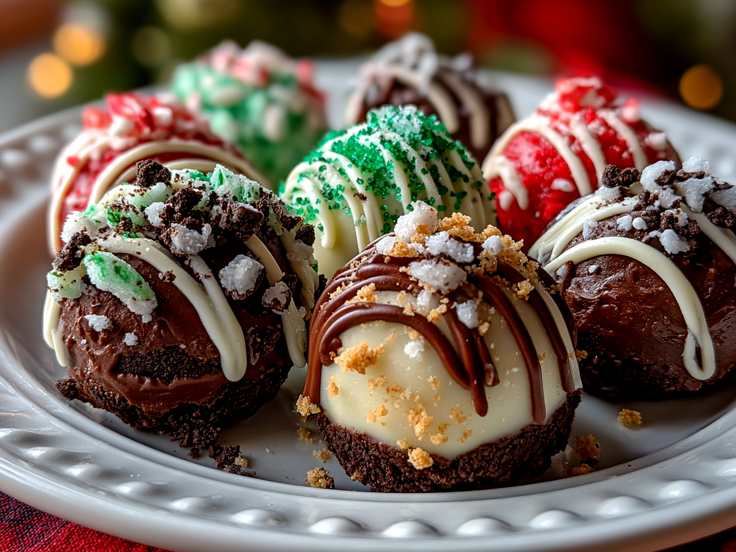 Finished No-Bake Grinch Oreo Truffles decorated and ready to serve on a festive tray