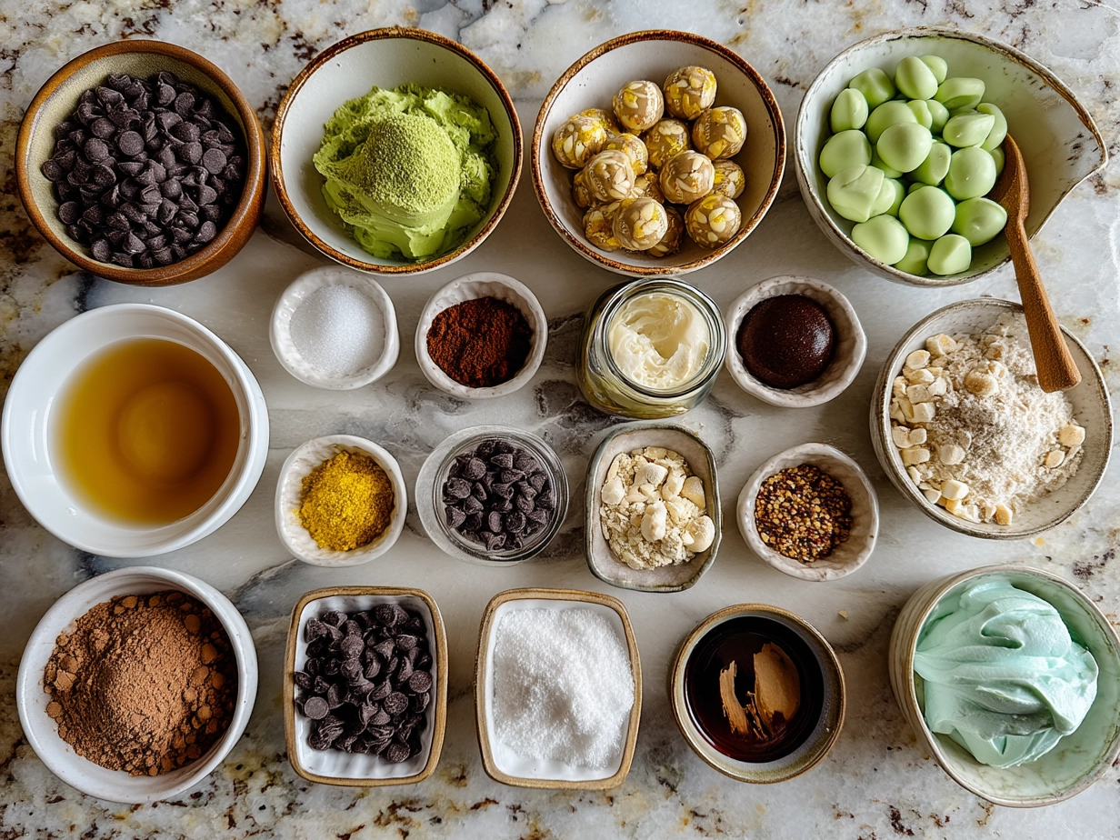 Ingredients for No-Bake Grinch Oreo Truffles including crushed Oreos, cream cheese, white chocolate, green food coloring, and red candy melts