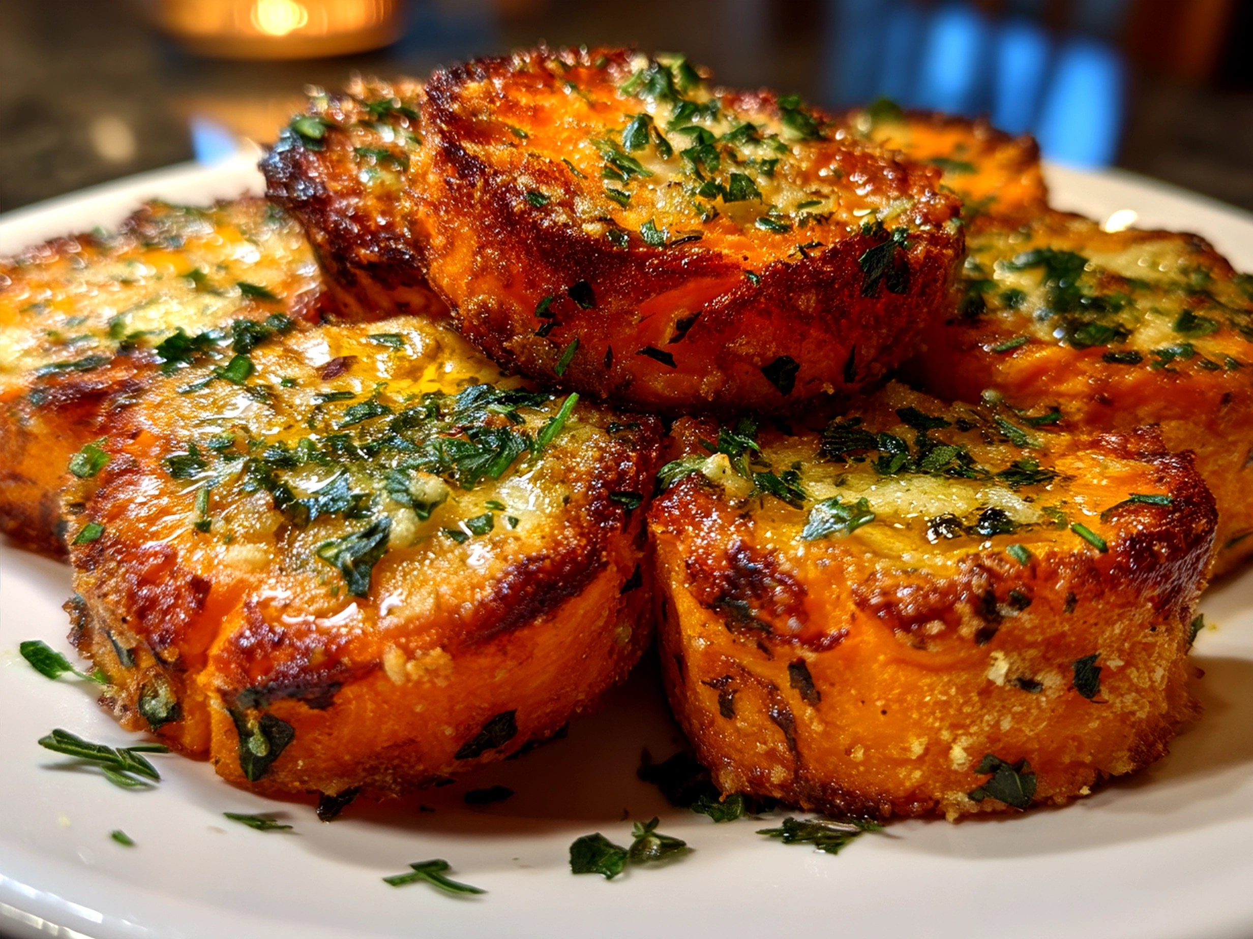 Plated Parmesan Herb Sweet Potato Medallions garnished with fresh parsley
