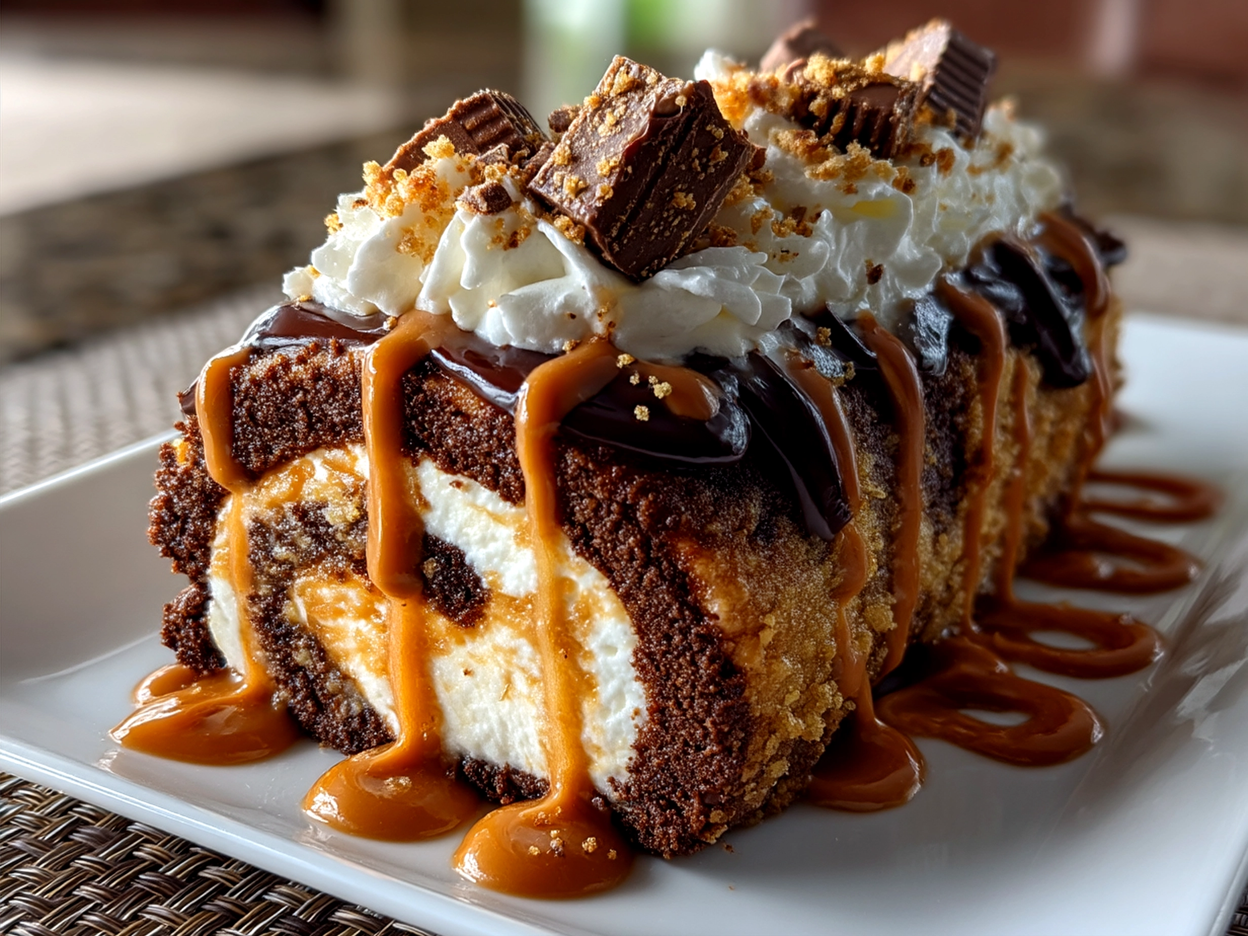 Sliced Peanut Butter Cup Chocolate Roll served on a plate