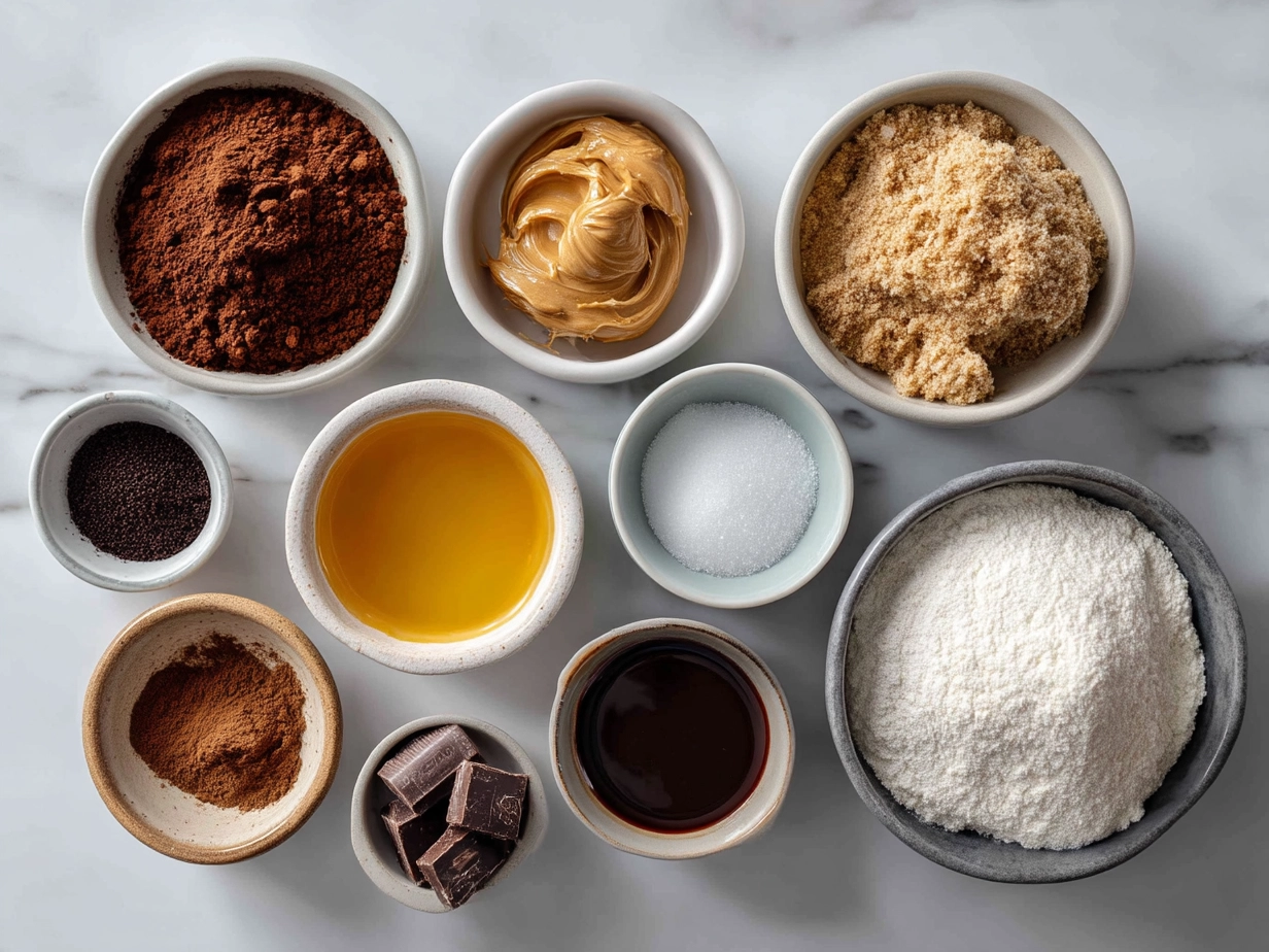Ingredients for Peanut Butter Cup Chocolate Roll including eggs, sugar, cocoa powder, peanut butter, and peanut butter cups