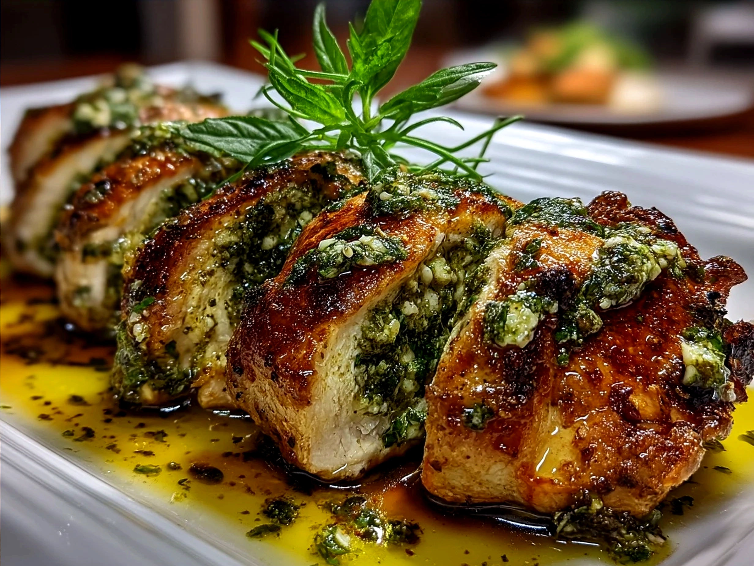 Serving of Pesto Stuffed Chicken Breast with a side salad and roasted vegetables