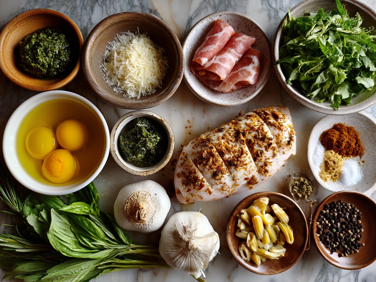 Ingredients for Pesto Stuffed Chicken Breast including chicken breasts, basil pesto, fresh mozzarella, Parmesan cheese, olive oil, and seasonings