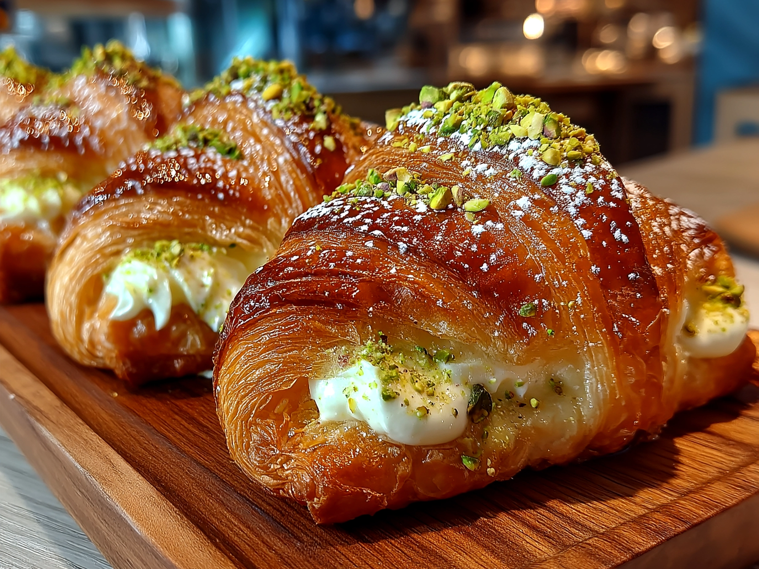 Freshly baked Pistachio Cream Croissants served on a plate with a light dusting of powdered sugar