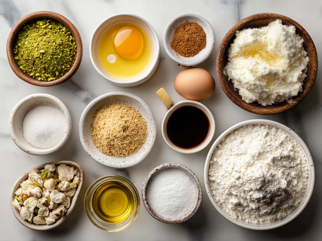 Ingredients for Pistachio Cream Croissants including flour, sugar, butter, pistachio spread, and almond pistachio cream