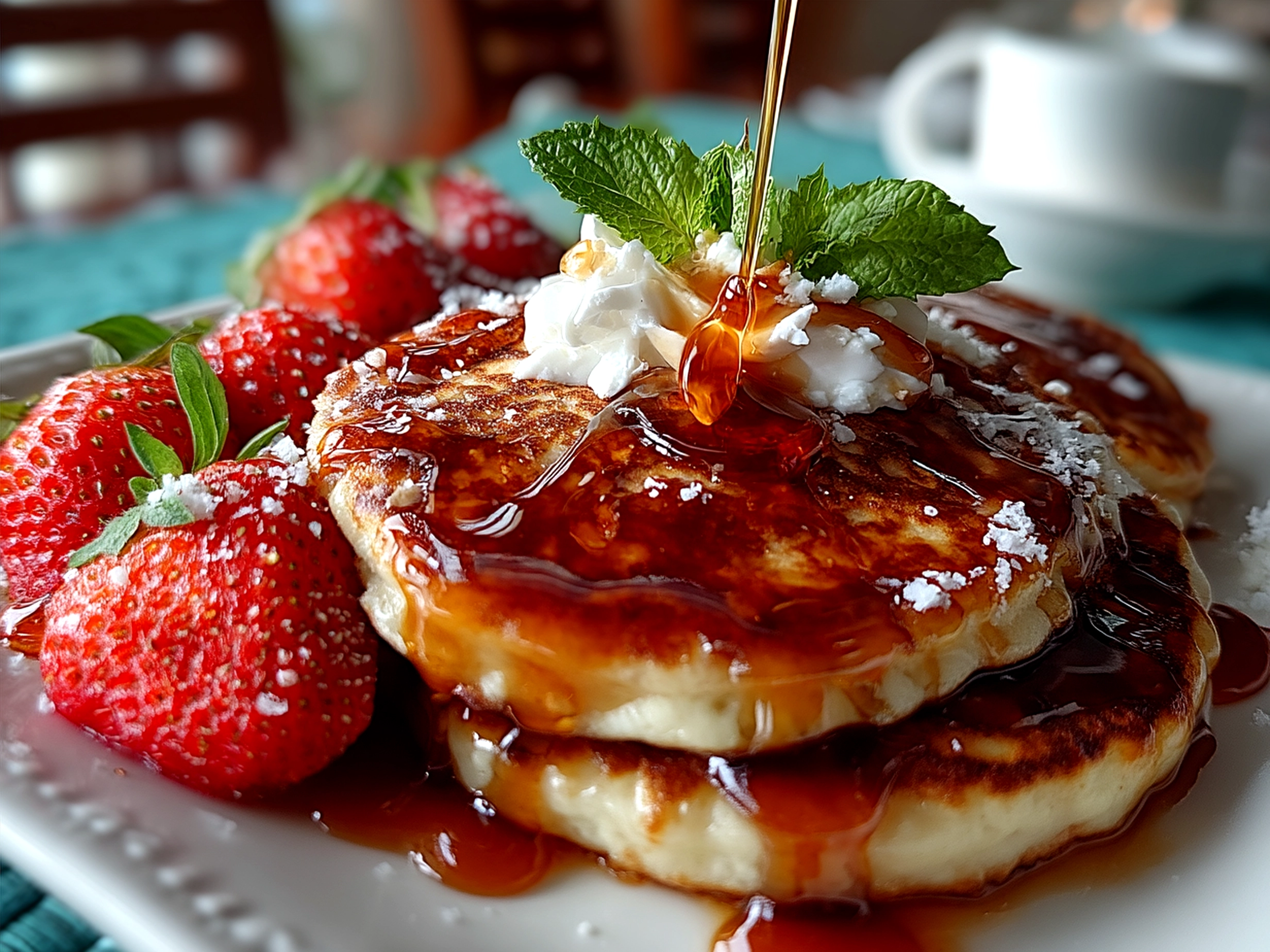 Serving Protein Cottage Cheese Pancakes topped with fresh fruit