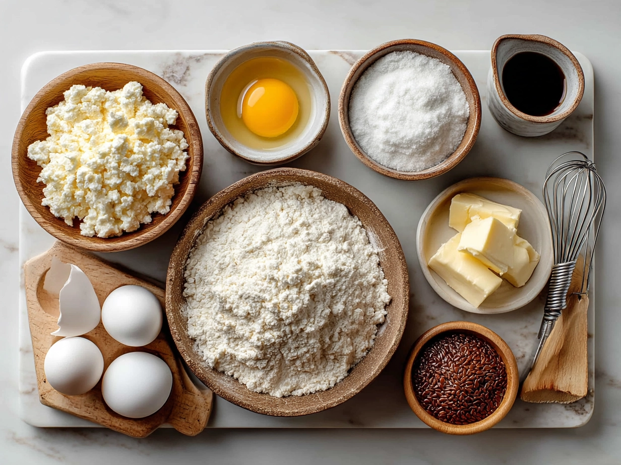 Ingredients for Protein Cottage Cheese Pancakes laid out